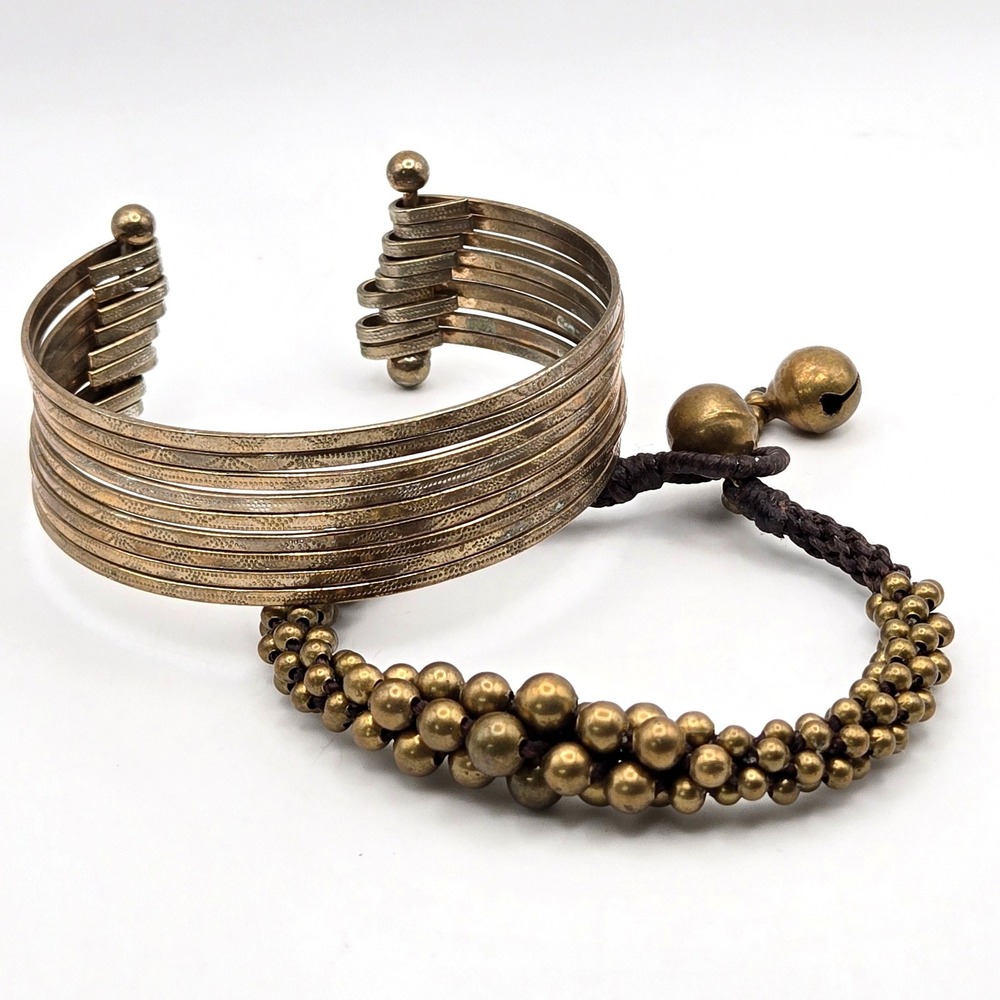 Vintage Brass Tone Multi Strand Hammered Cuff and Beaded Bell Charm Bracelet Set